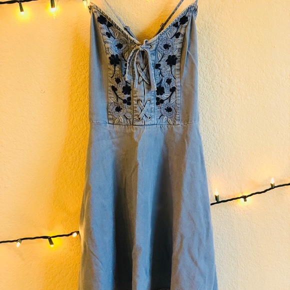 Embroidered Crossback Fit & Flare Denim Dress - Picture 2 of 6